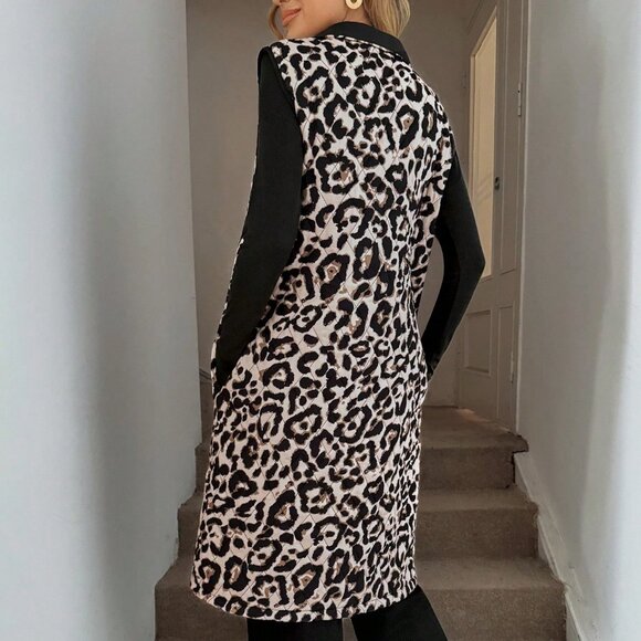Casual Women's Leopard print Zip up Long Vest Jacket With Pockets - Picture 4 of 6